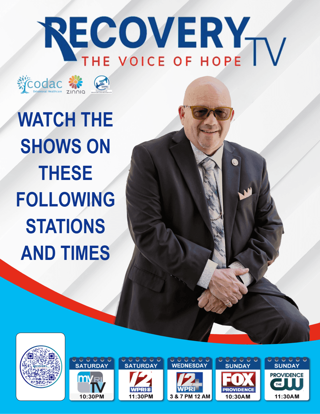 Recovery TV flyer: "The Voice of Hope", with John J. Tassoni, Jr. and the TV stations and times listed here.