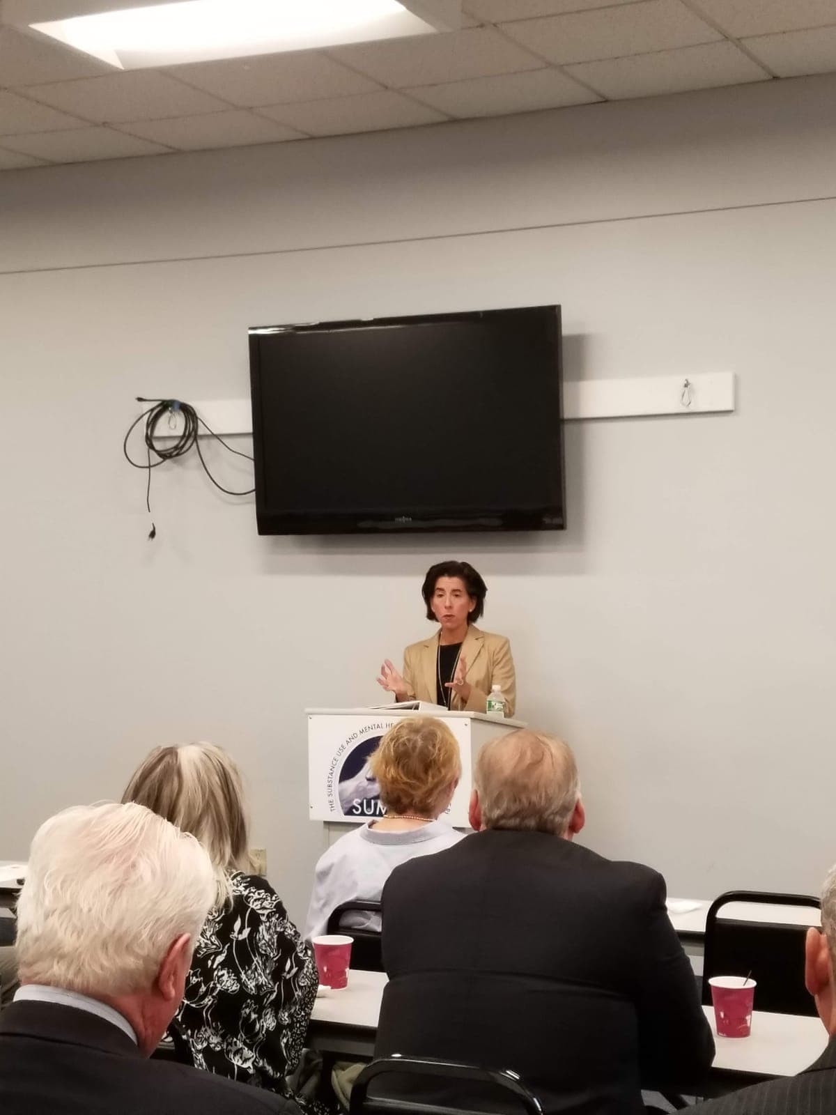 Governor Gina Raimondo speaking to SUMHLC members during her October 2018 visit.